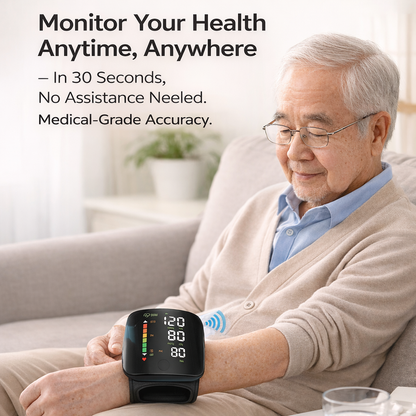👑【2026 Hot Seller】Smart Wrist Blood Pressure Monitor(This portable home blood pressure monitor features voice-activated heart rate monitoring and a smart touchscreen LCD. It can connect to smartphones via Bluetooth.)