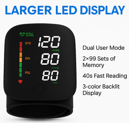 👑【2026 Hot Seller】Smart Wrist Blood Pressure Monitor(This portable home blood pressure monitor features voice-activated heart rate monitoring and a smart touchscreen LCD. It can connect to smartphones via Bluetooth.)