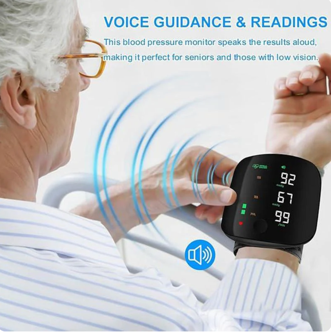 👑【2026 Hot Seller】Smart Wrist Blood Pressure Monitor(This portable home blood pressure monitor features voice-activated heart rate monitoring and a smart touchscreen LCD. It can connect to smartphones via Bluetooth.)