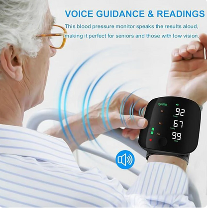 👑【2026 Hot Seller】Smart Wrist Blood Pressure Monitor(This portable home blood pressure monitor features voice-activated heart rate monitoring and a smart touchscreen LCD. It can connect to smartphones via Bluetooth.)