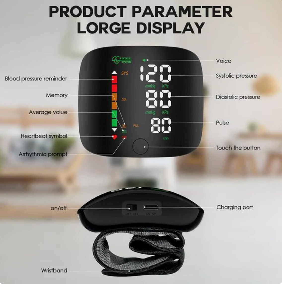 👑【2026 Hot Seller】Smart Wrist Blood Pressure Monitor(This portable home blood pressure monitor features voice-activated heart rate monitoring and a smart touchscreen LCD. It can connect to smartphones via Bluetooth.)