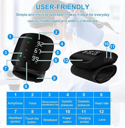 👑【2026 Hot Seller】Smart Wrist Blood Pressure Monitor(This portable home blood pressure monitor features voice-activated heart rate monitoring and a smart touchscreen LCD. It can connect to smartphones via Bluetooth.)