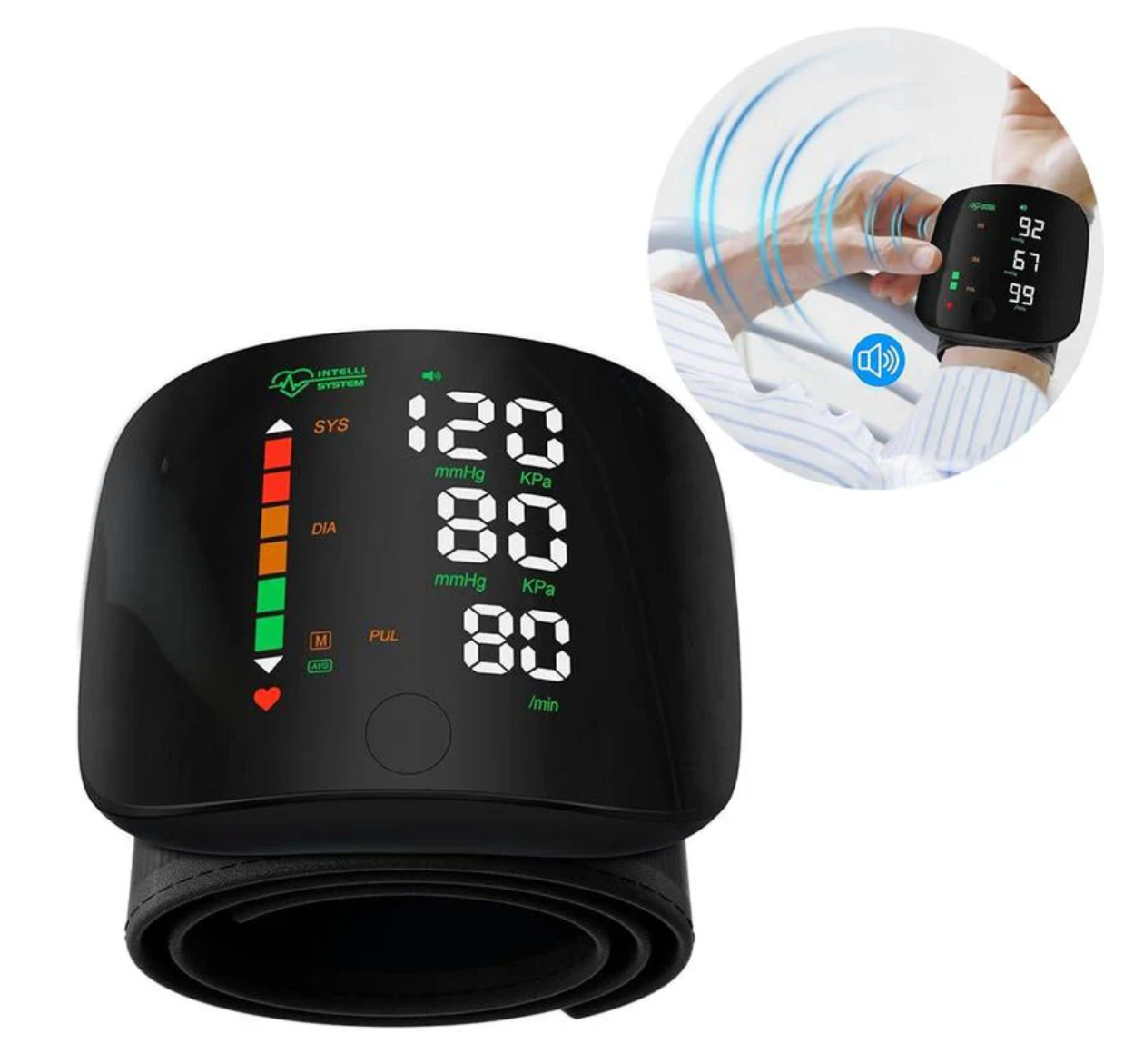 👑【2026 Hot Seller】Smart Wrist Blood Pressure Monitor(This portable home blood pressure monitor features voice-activated heart rate monitoring and a smart touchscreen LCD. It can connect to smartphones via Bluetooth.)